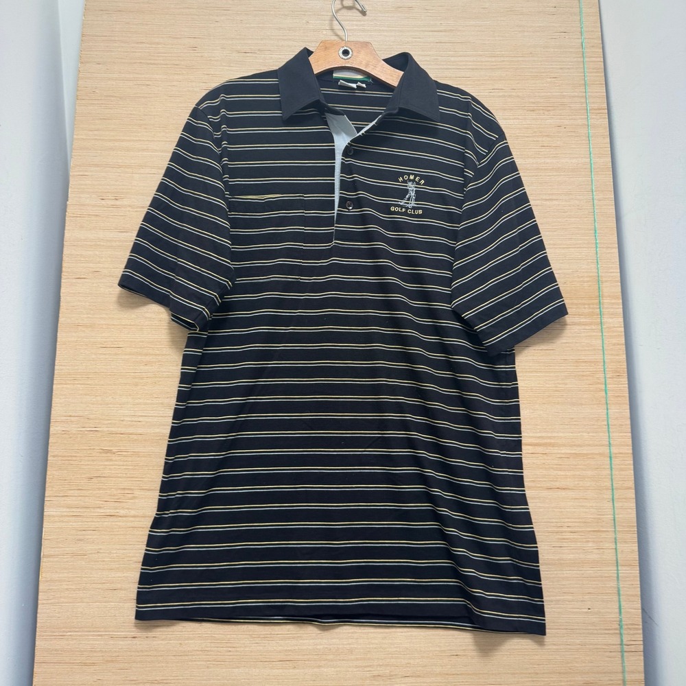 Sahara Mens Striped Polo Shirt Black Gold Homer Golf Club Pocket USA Made Size M